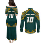 Personalized Kookaburras Field Hockey Kangaroo Couples Matching Puletasi and Long Sleeve Button Shirt Indigenous Australian Dot Art Style In Green And Gold