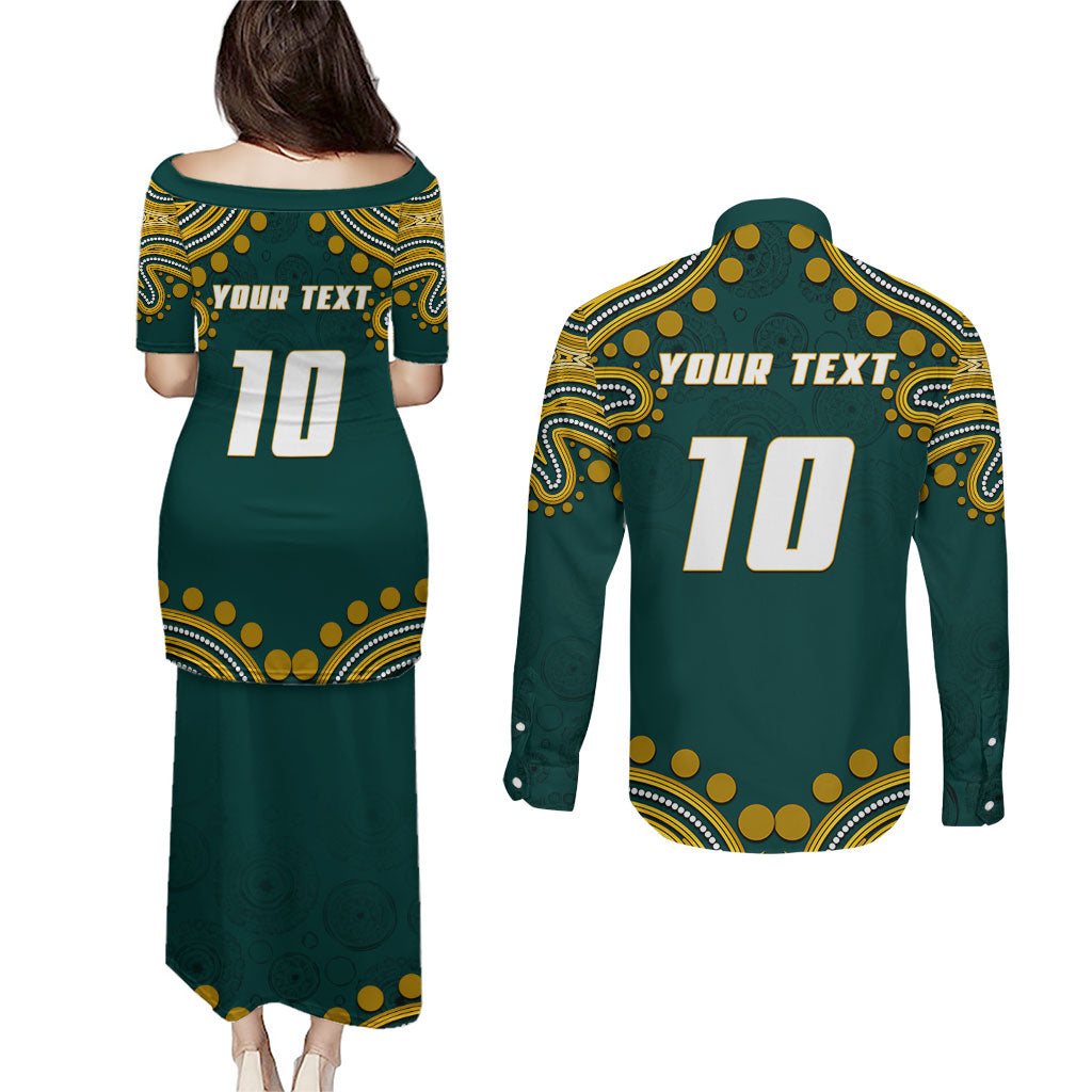 Personalized Kookaburras Field Hockey Kangaroo Couples Matching Puletasi and Long Sleeve Button Shirt Indigenous Australian Dot Art Style In Green And Gold