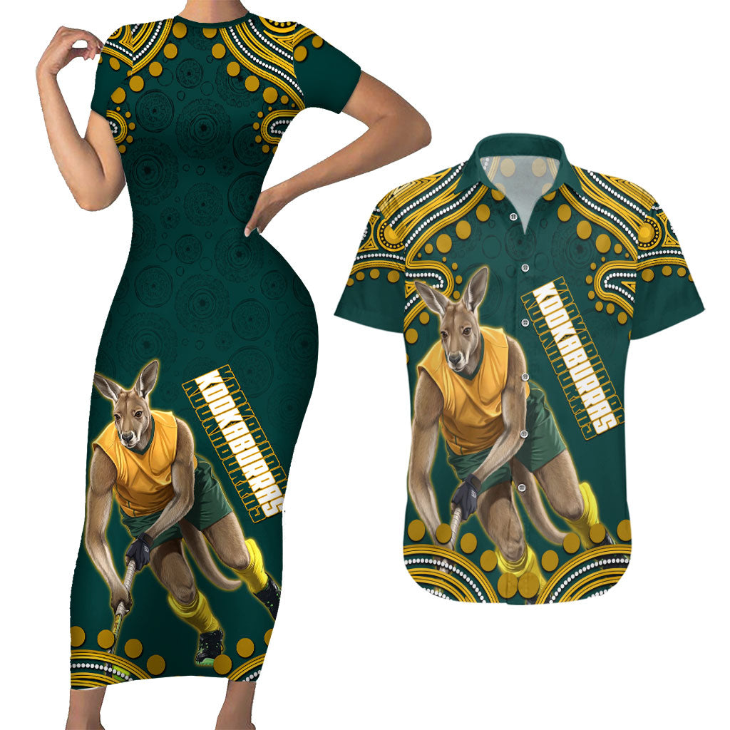 Personalized Kookaburras Field Hockey Kangaroo Couples Matching Short Sleeve Bodycon Dress and Hawaiian Shirt Indigenous Australian Dot Art Style In Green And Gold