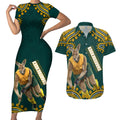 Personalized Kookaburras Field Hockey Kangaroo Couples Matching Short Sleeve Bodycon Dress and Hawaiian Shirt Indigenous Australian Dot Art Style In Green And Gold