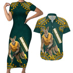Personalized Kookaburras Field Hockey Kangaroo Couples Matching Short Sleeve Bodycon Dress and Hawaiian Shirt Indigenous Australian Dot Art Style In Green And Gold
