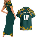 Personalized Kookaburras Field Hockey Kangaroo Couples Matching Short Sleeve Bodycon Dress and Hawaiian Shirt Indigenous Australian Dot Art Style In Green And Gold