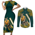 Personalized Kookaburras Field Hockey Kangaroo Couples Matching Short Sleeve Bodycon Dress and Long Sleeve Button Shirt Indigenous Australian Dot Art Style In Green And Gold