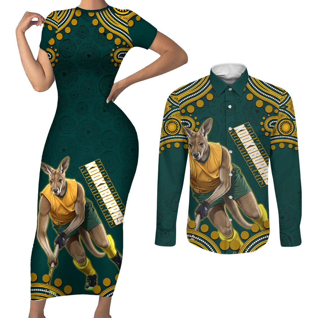 Personalized Kookaburras Field Hockey Kangaroo Couples Matching Short Sleeve Bodycon Dress and Long Sleeve Button Shirt Indigenous Australian Dot Art Style In Green And Gold
