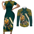 Personalized Kookaburras Field Hockey Kangaroo Couples Matching Short Sleeve Bodycon Dress and Long Sleeve Button Shirt Indigenous Australian Dot Art Style In Green And Gold