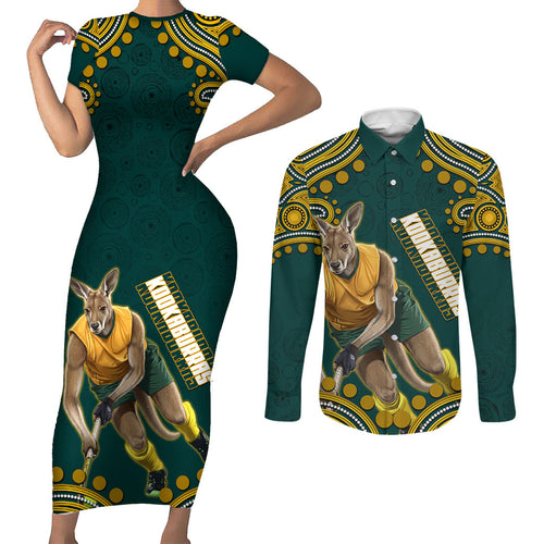 Personalized Kookaburras Field Hockey Kangaroo Couples Matching Short Sleeve Bodycon Dress and Long Sleeve Button Shirt Indigenous Australian Dot Art Style In Green And Gold