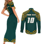 Personalized Kookaburras Field Hockey Kangaroo Couples Matching Short Sleeve Bodycon Dress and Long Sleeve Button Shirt Indigenous Australian Dot Art Style In Green And Gold
