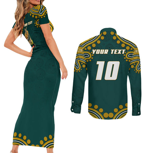 Personalized Kookaburras Field Hockey Kangaroo Couples Matching Short Sleeve Bodycon Dress and Long Sleeve Button Shirt Indigenous Australian Dot Art Style In Green And Gold