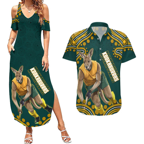Personalized Kookaburras Field Hockey Kangaroo Couples Matching Summer Maxi Dress and Hawaiian Shirt Indigenous Australian Dot Art Style In Green And Gold
