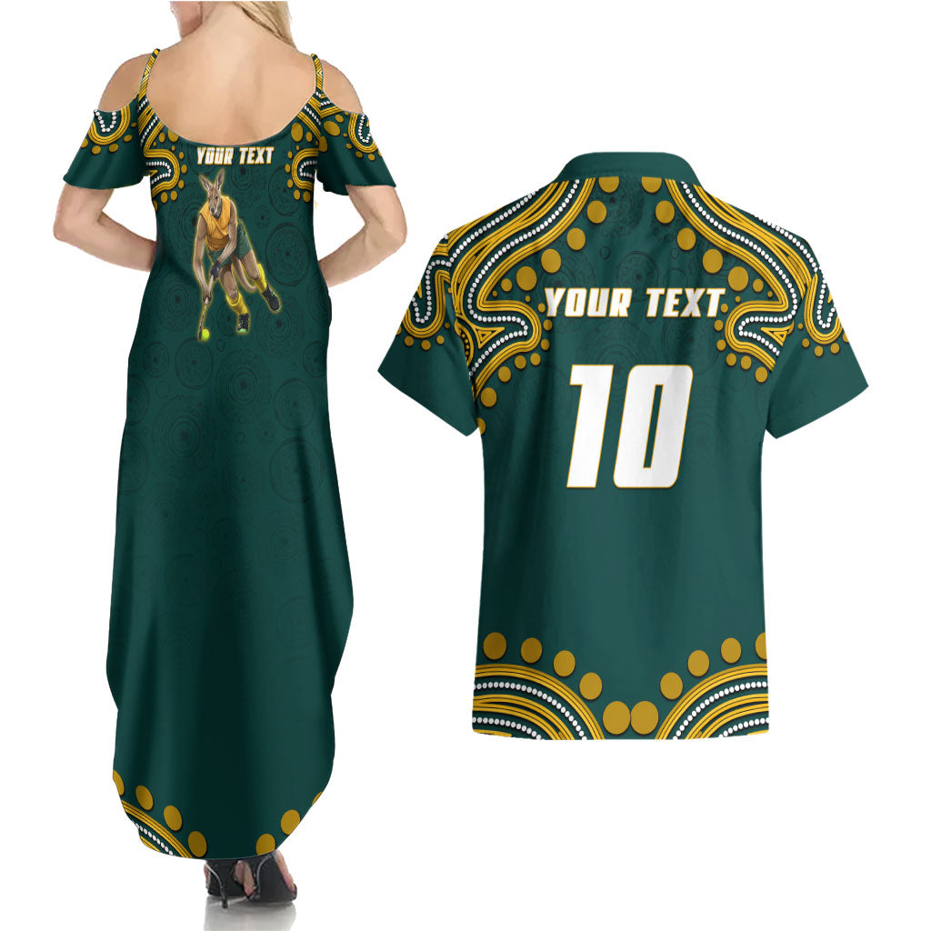 Personalized Kookaburras Field Hockey Kangaroo Couples Matching Summer Maxi Dress and Hawaiian Shirt Indigenous Australian Dot Art Style In Green And Gold
