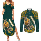 Personalized Kookaburras Field Hockey Kangaroo Couples Matching Summer Maxi Dress and Long Sleeve Button Shirt Indigenous Australian Dot Art Style In Green And Gold
