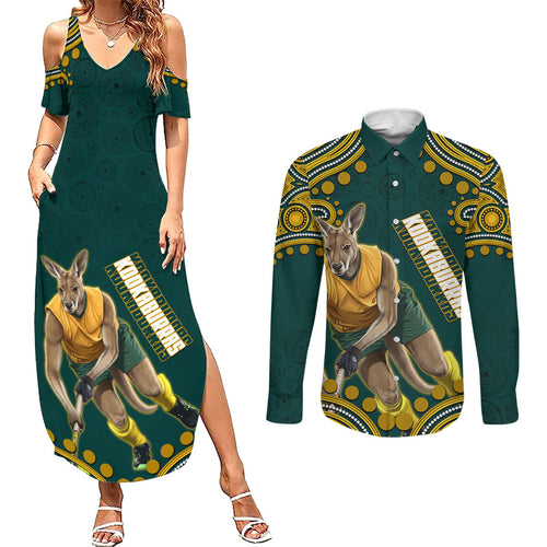 Personalized Kookaburras Field Hockey Kangaroo Couples Matching Summer Maxi Dress and Long Sleeve Button Shirt Indigenous Australian Dot Art Style In Green And Gold