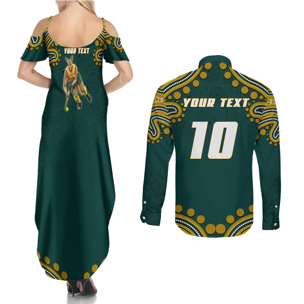 Personalized Kookaburras Field Hockey Kangaroo Couples Matching Summer Maxi Dress and Long Sleeve Button Shirt Indigenous Australian Dot Art Style In Green And Gold