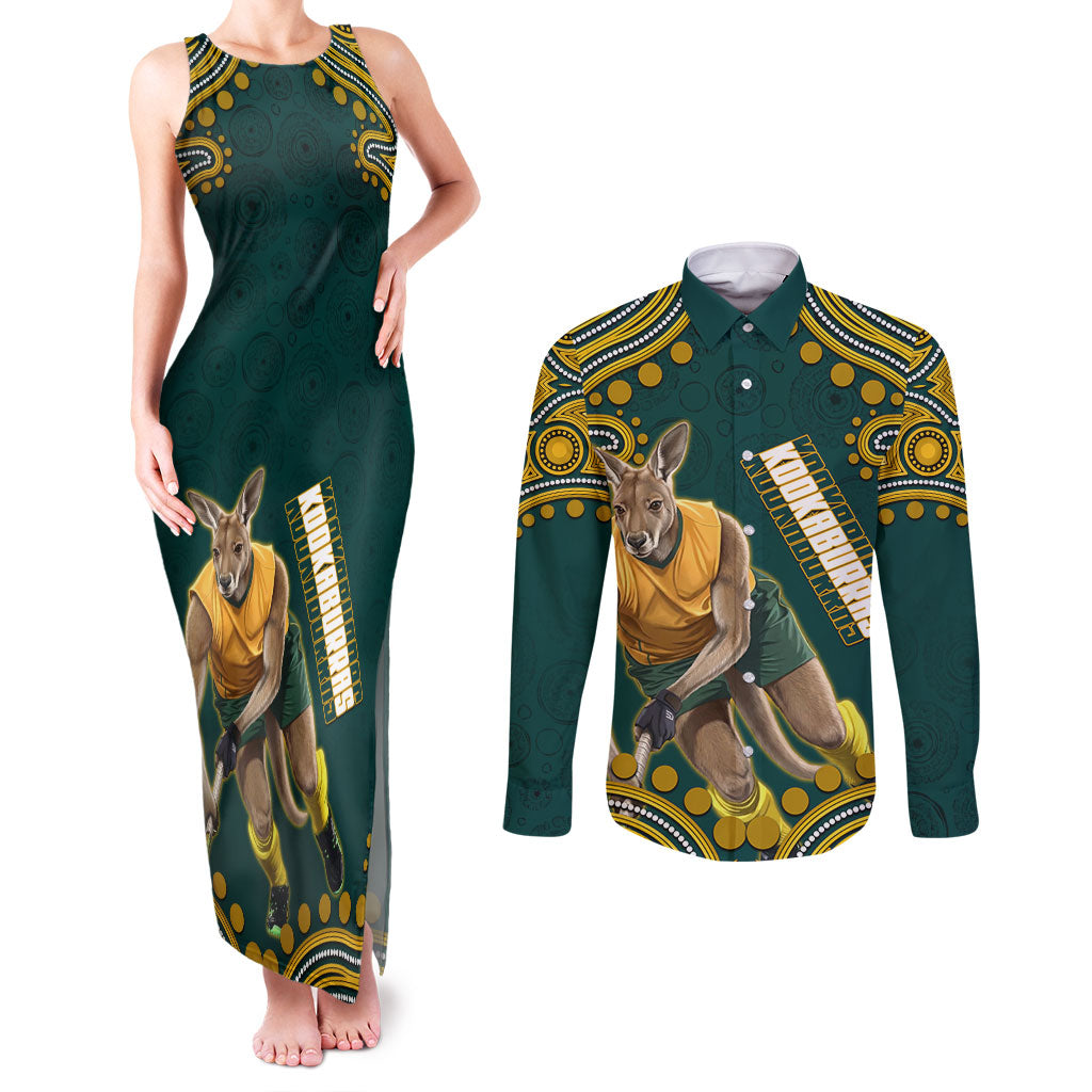 Personalized Kookaburras Field Hockey Kangaroo Couples Matching Tank Maxi Dress and Long Sleeve Button Shirt Indigenous Australian Dot Art Style In Green And Gold