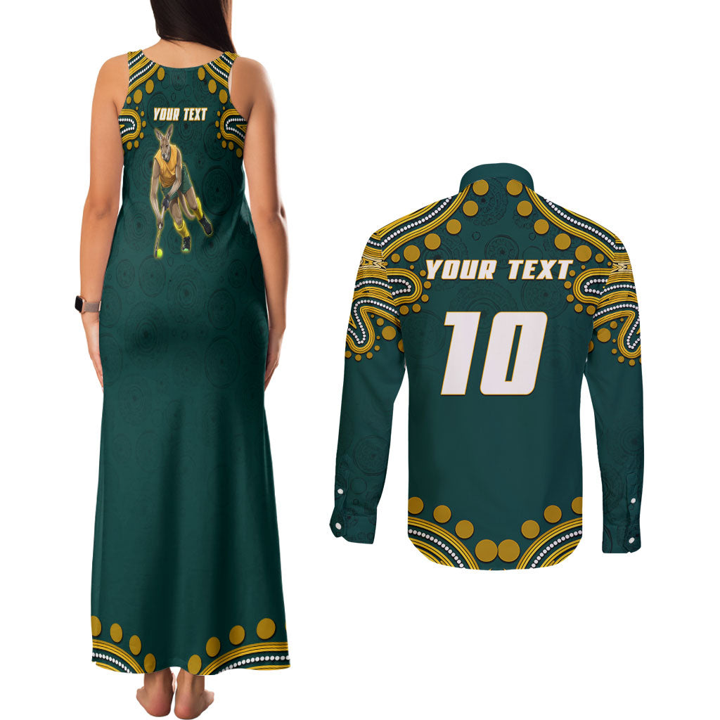 Personalized Kookaburras Field Hockey Kangaroo Couples Matching Tank Maxi Dress and Long Sleeve Button Shirt Indigenous Australian Dot Art Style In Green And Gold
