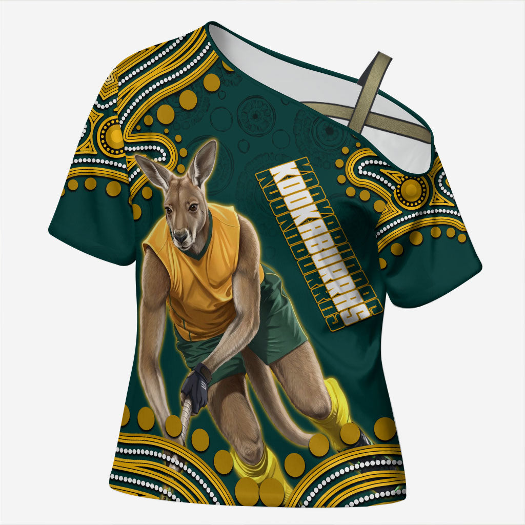 Personalized Kookaburras Field Hockey Kangaroo Cross Shoulder Shirt Indigenous Australian Dot Art Style In Green And Gold