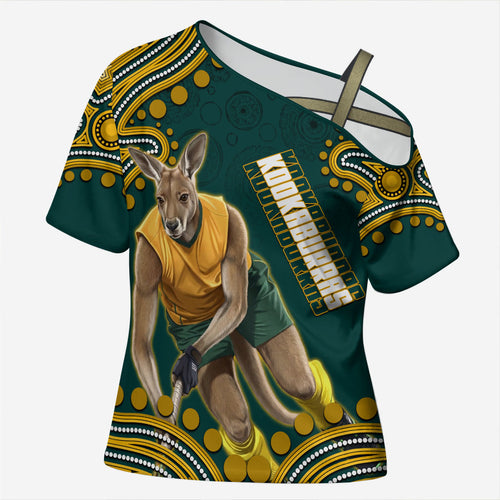 Personalized Kookaburras Field Hockey Kangaroo Cross Shoulder Shirt Indigenous Australian Dot Art Style In Green And Gold