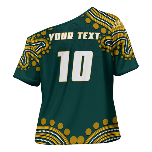 Personalized Kookaburras Field Hockey Kangaroo Cross Shoulder Shirt Indigenous Australian Dot Art Style In Green And Gold