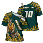Personalized Kookaburras Field Hockey Kangaroo Cross Shoulder Shirt Indigenous Australian Dot Art Style In Green And Gold