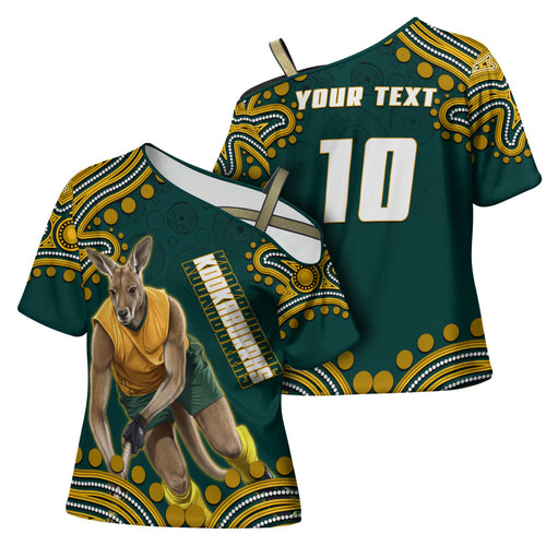 Personalized Kookaburras Field Hockey Kangaroo Cross Shoulder Shirt Indigenous Australian Dot Art Style In Green And Gold