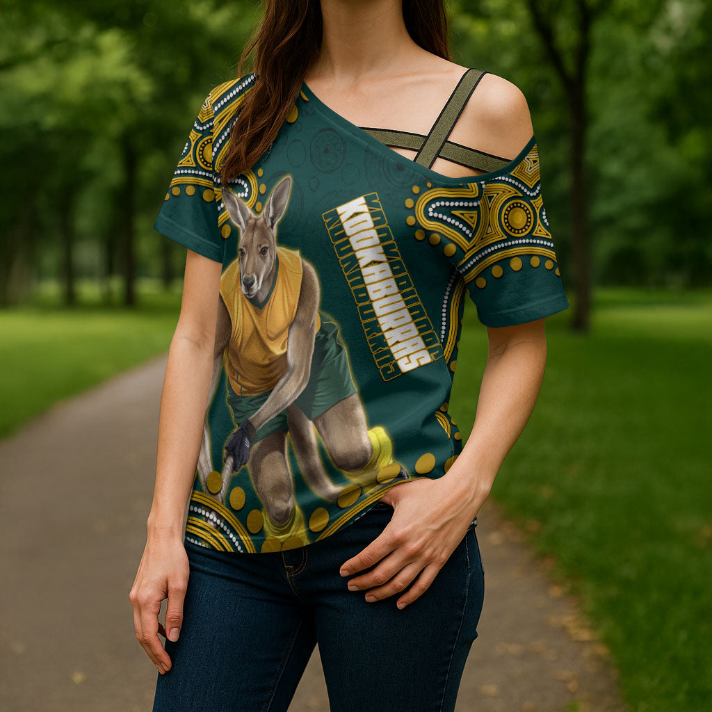 Personalized Kookaburras Field Hockey Kangaroo Cross Shoulder Shirt Indigenous Australian Dot Art Style In Green And Gold