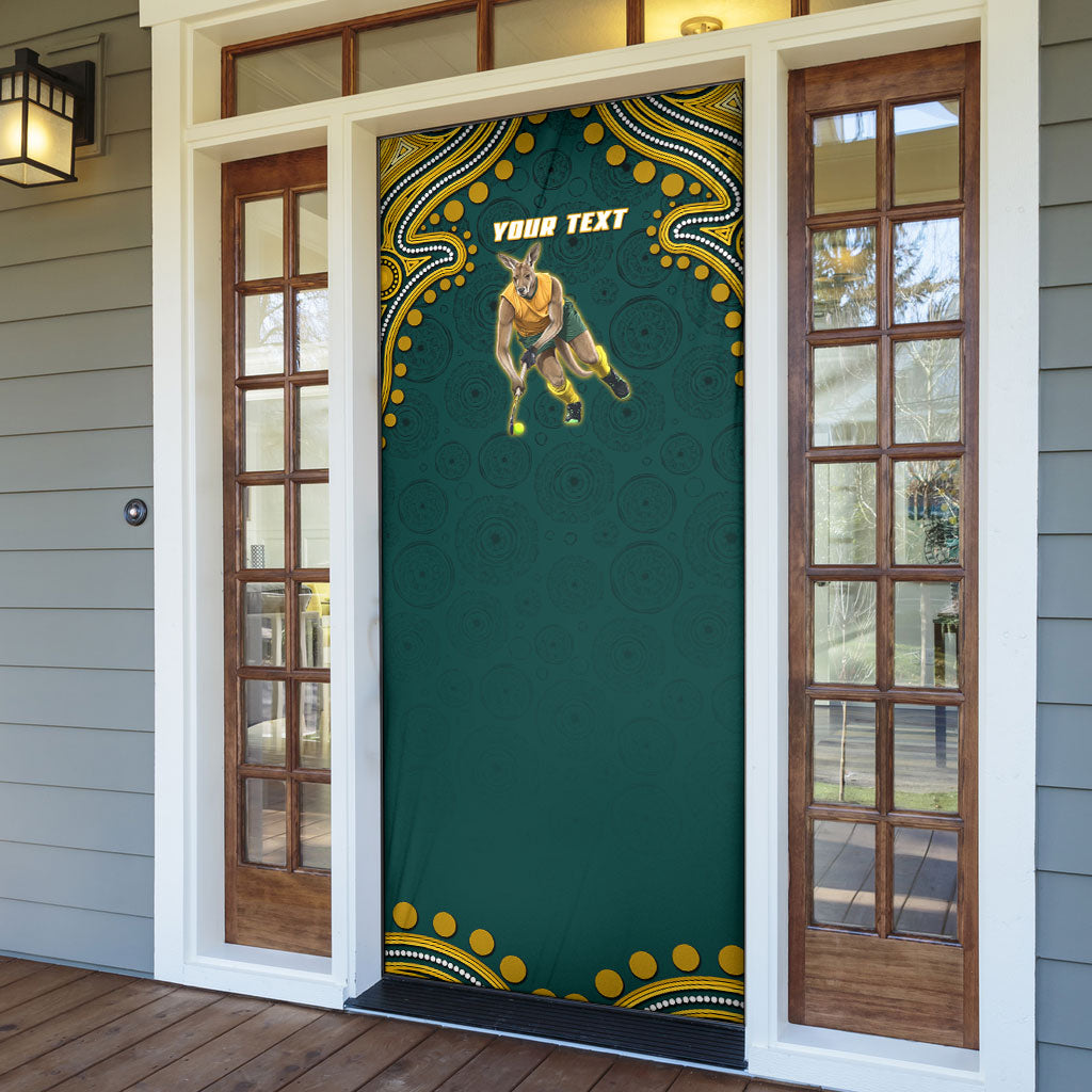 Personalized Kookaburras Field Hockey Kangaroo Door Cover Indigenous Australian Dot Art Style In Green And Gold
