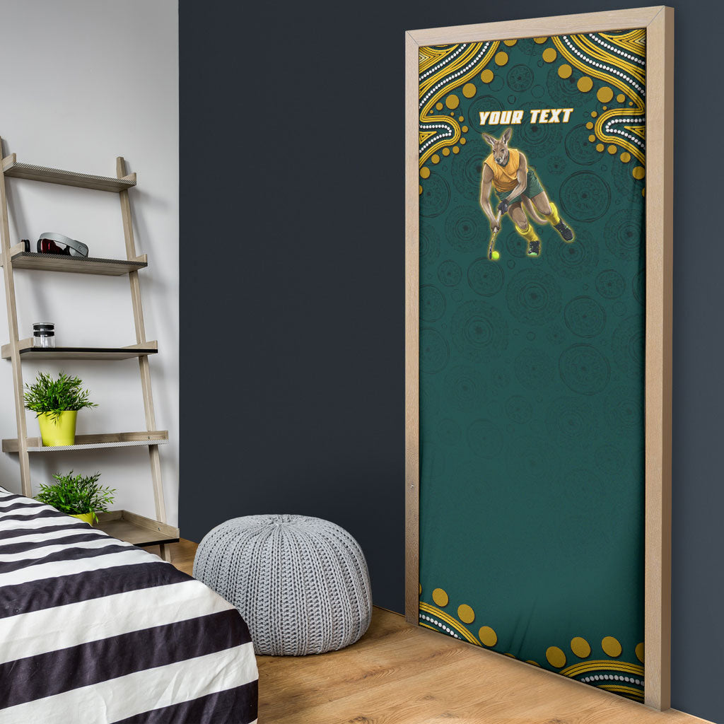 Personalized Kookaburras Field Hockey Kangaroo Door Cover Indigenous Australian Dot Art Style In Green And Gold