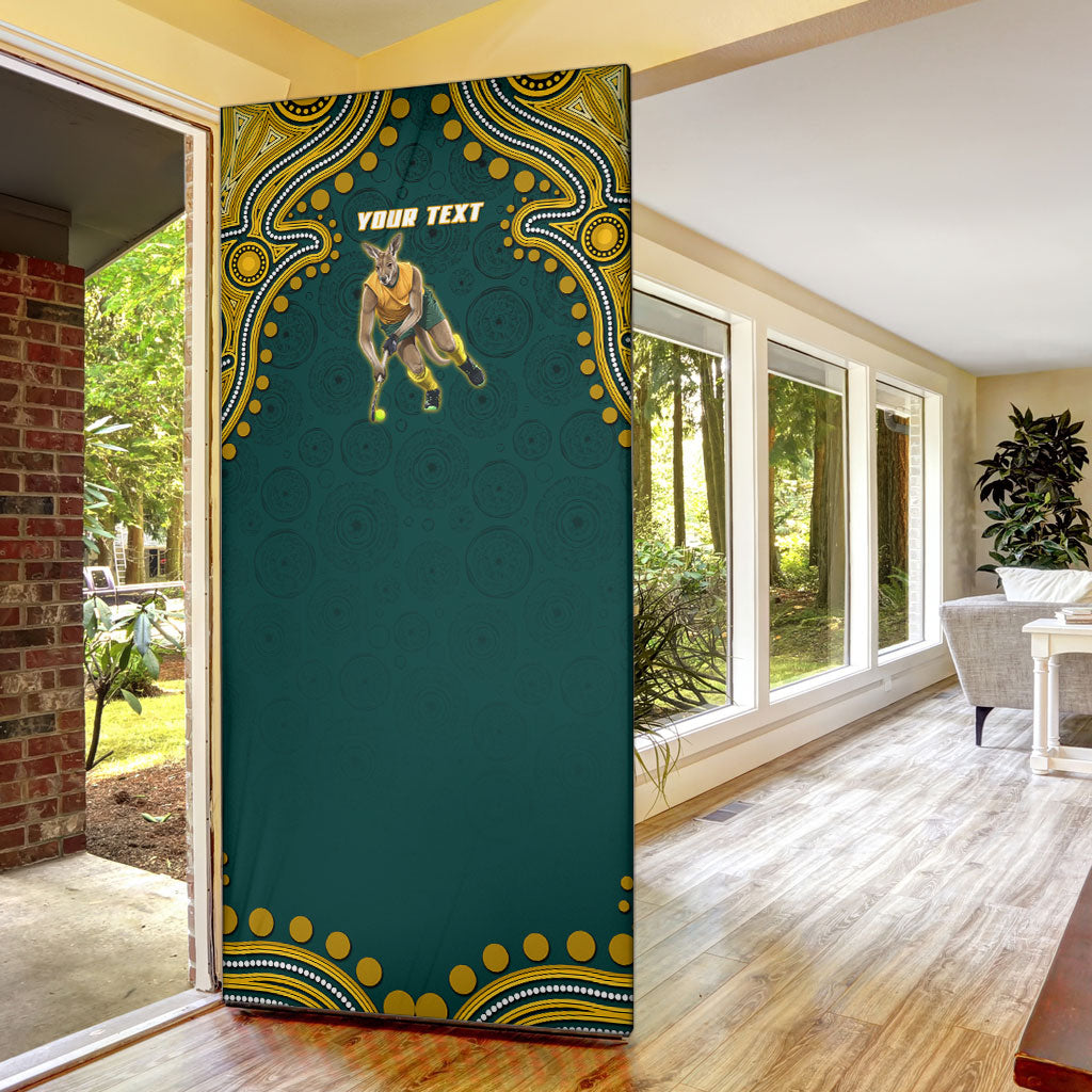 Personalized Kookaburras Field Hockey Kangaroo Door Cover Indigenous Australian Dot Art Style In Green And Gold