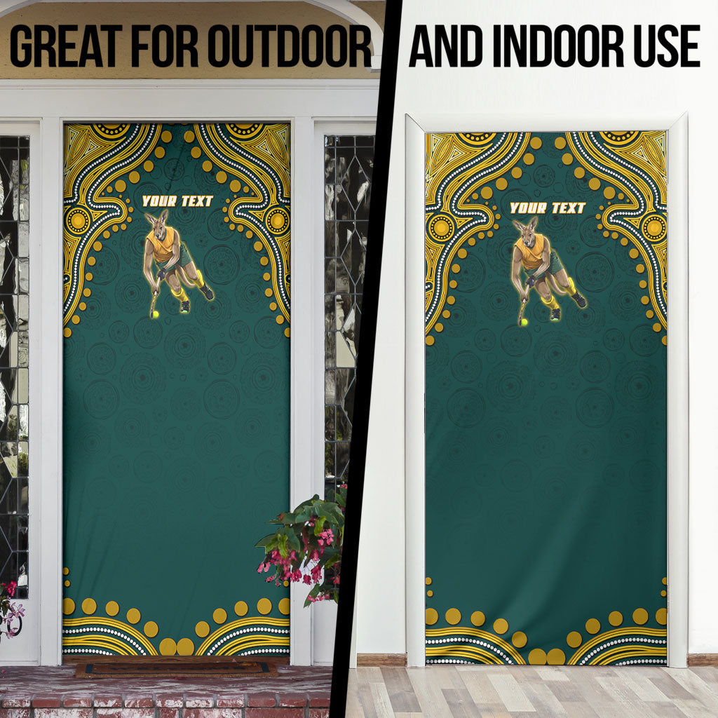 Personalized Kookaburras Field Hockey Kangaroo Door Cover Indigenous Australian Dot Art Style In Green And Gold