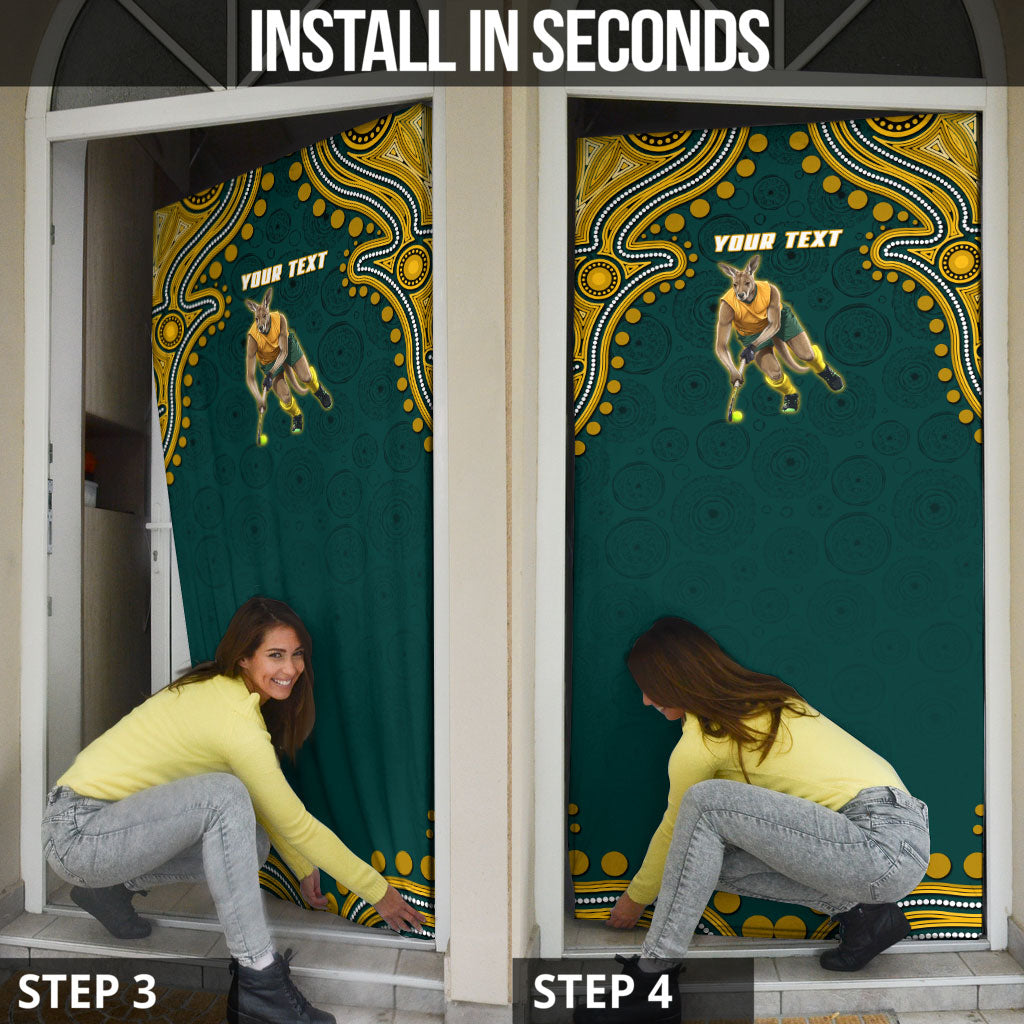 Personalized Kookaburras Field Hockey Kangaroo Door Cover Indigenous Australian Dot Art Style In Green And Gold