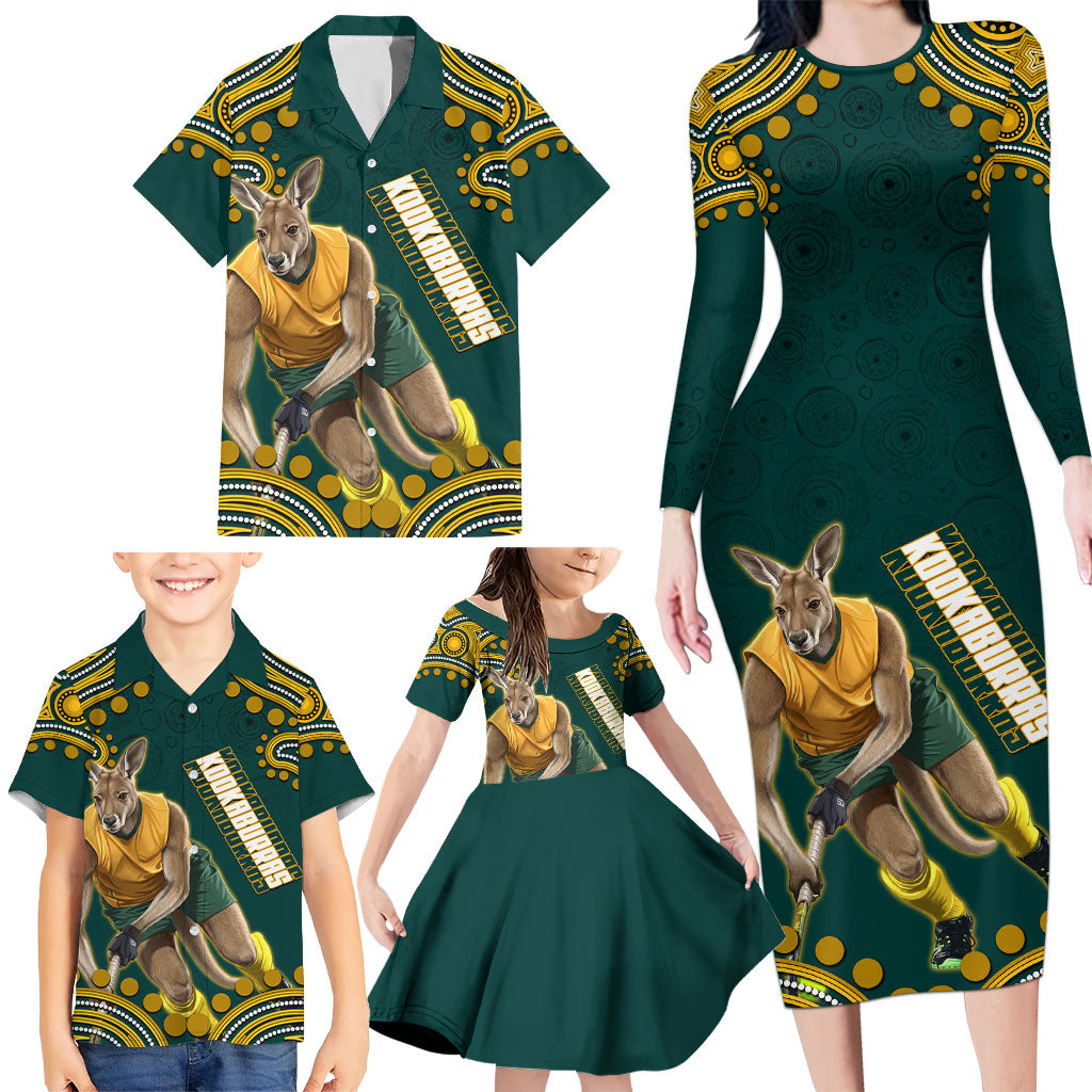 Personalized Kookaburras Field Hockey Kangaroo Family Matching Long Sleeve Bodycon Dress and Hawaiian Shirt Indigenous Australian Dot Art Style In Green And Gold