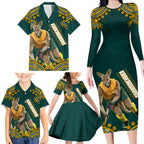 Personalized Kookaburras Field Hockey Kangaroo Family Matching Long Sleeve Bodycon Dress and Hawaiian Shirt Indigenous Australian Dot Art Style In Green And Gold