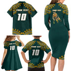 Personalized Kookaburras Field Hockey Kangaroo Family Matching Long Sleeve Bodycon Dress and Hawaiian Shirt Indigenous Australian Dot Art Style In Green And Gold