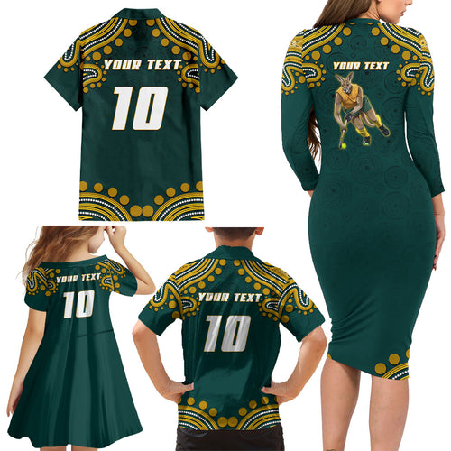 Personalized Kookaburras Field Hockey Kangaroo Family Matching Long Sleeve Bodycon Dress and Hawaiian Shirt Indigenous Australian Dot Art Style In Green And Gold