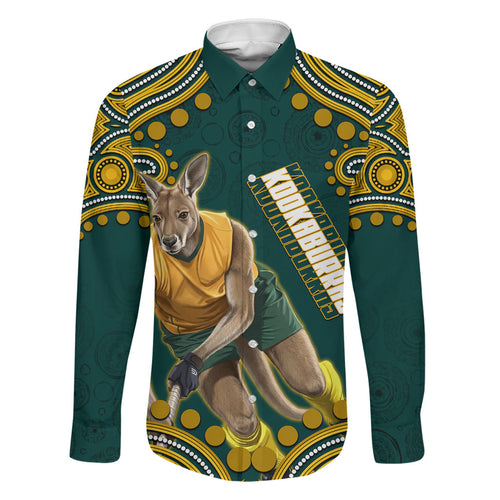 Personalized Kookaburras Field Hockey Kangaroo Family Matching Long Sleeve Bodycon Dress and Hawaiian Shirt Indigenous Australian Dot Art Style In Green And Gold