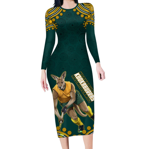 Personalized Kookaburras Field Hockey Kangaroo Family Matching Long Sleeve Bodycon Dress and Hawaiian Shirt Indigenous Australian Dot Art Style In Green And Gold