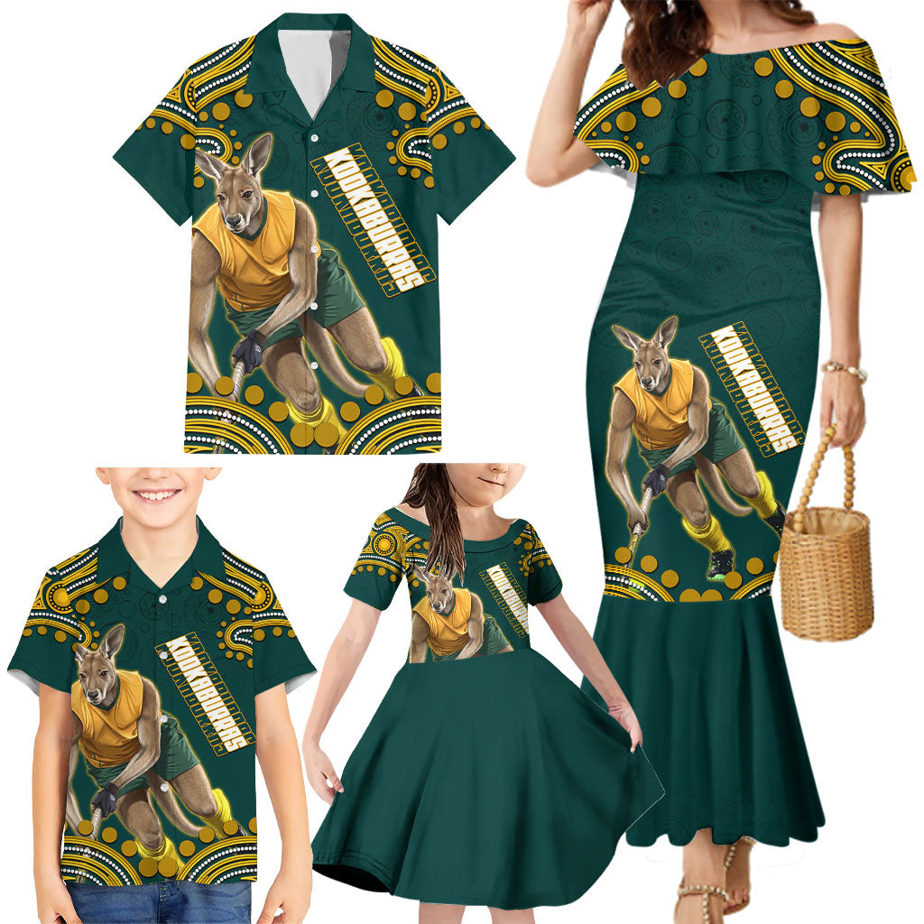 Personalized Kookaburras Field Hockey Kangaroo Family Matching Mermaid Dress and Hawaiian Shirt Indigenous Australian Dot Art Style In Green And Gold