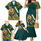 Personalized Kookaburras Field Hockey Kangaroo Family Matching Mermaid Dress and Hawaiian Shirt Indigenous Australian Dot Art Style In Green And Gold
