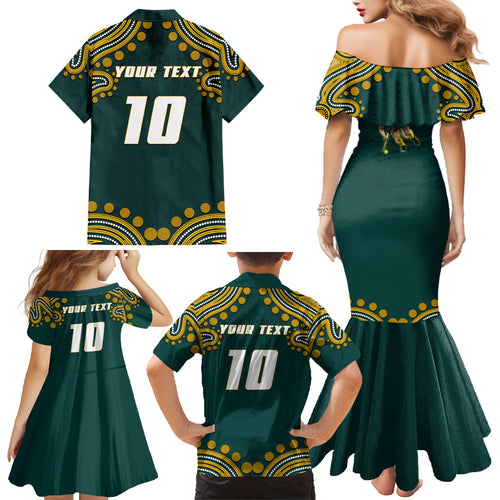 Personalized Kookaburras Field Hockey Kangaroo Family Matching Mermaid Dress and Hawaiian Shirt Indigenous Australian Dot Art Style In Green And Gold