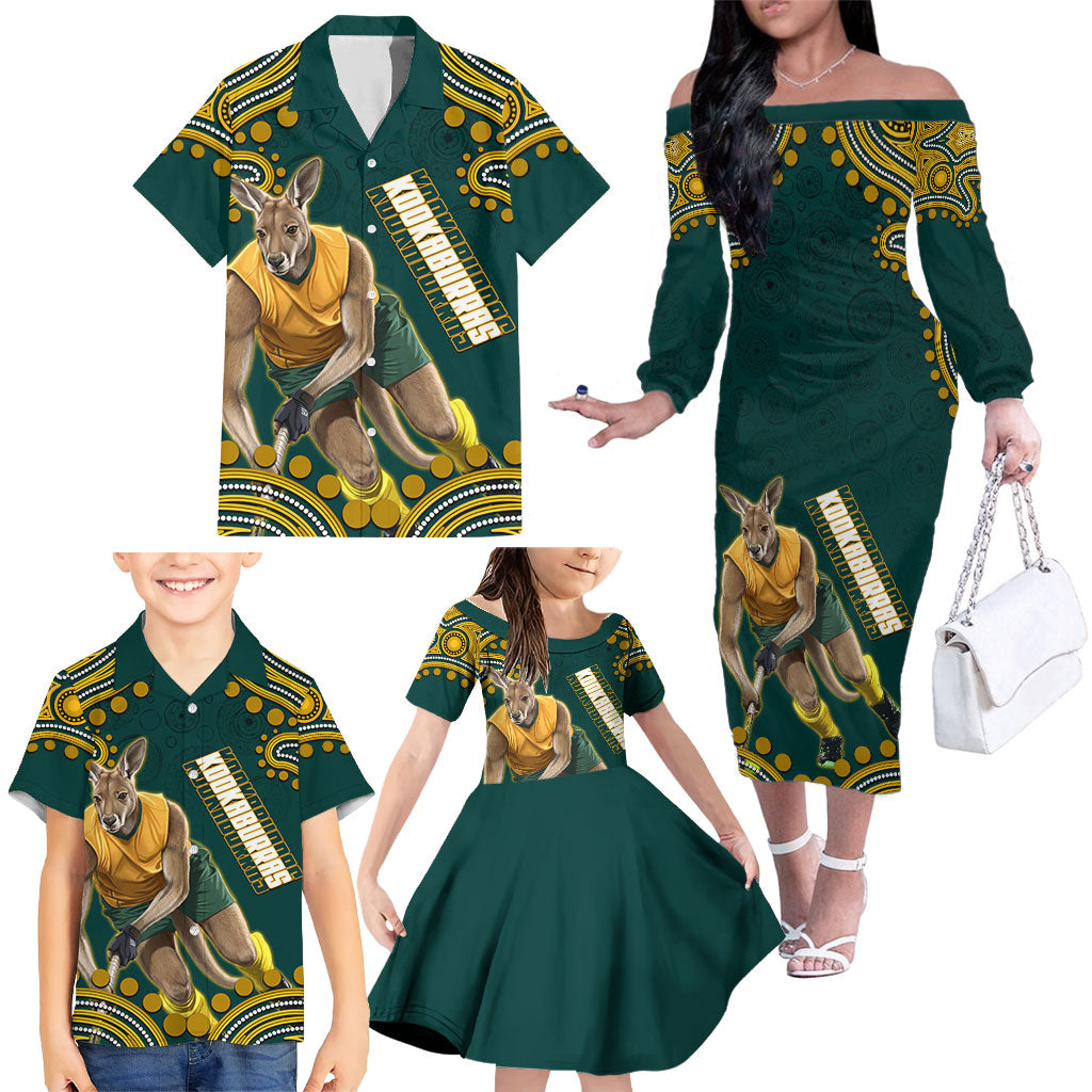 Personalized Kookaburras Field Hockey Kangaroo Family Matching Off The Shoulder Long Sleeve Dress and Hawaiian Shirt Indigenous Australian Dot Art Style In Green And Gold