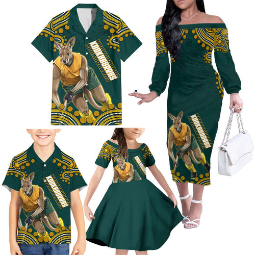 Personalized Kookaburras Field Hockey Kangaroo Family Matching Off The Shoulder Long Sleeve Dress and Hawaiian Shirt Indigenous Australian Dot Art Style In Green And Gold