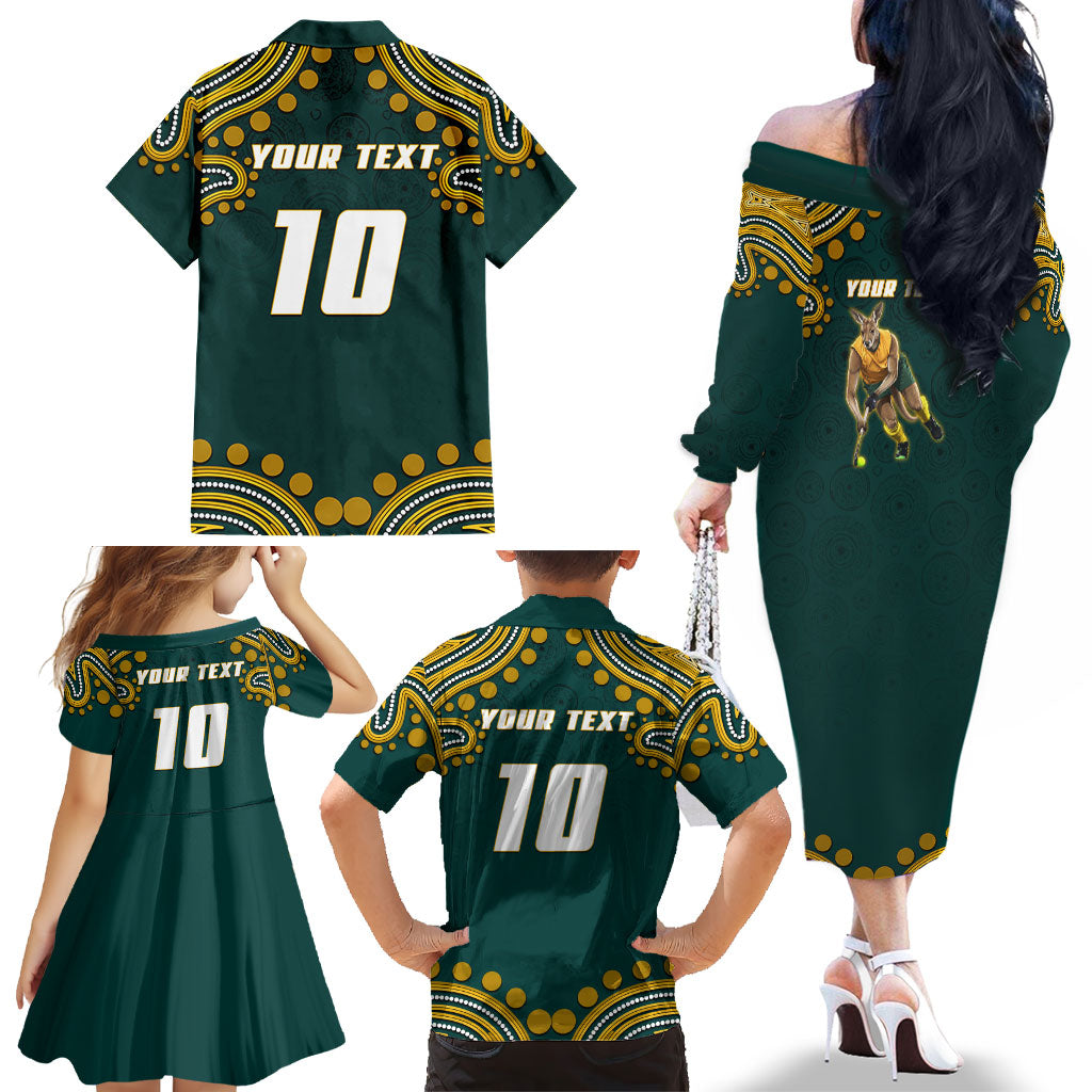Personalized Kookaburras Field Hockey Kangaroo Family Matching Off The Shoulder Long Sleeve Dress and Hawaiian Shirt Indigenous Australian Dot Art Style In Green And Gold
