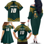 Personalized Kookaburras Field Hockey Kangaroo Family Matching Off The Shoulder Long Sleeve Dress and Hawaiian Shirt Indigenous Australian Dot Art Style In Green And Gold