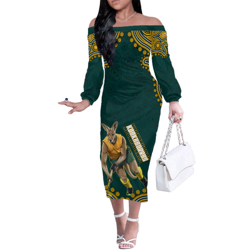 Personalized Kookaburras Field Hockey Kangaroo Family Matching Off The Shoulder Long Sleeve Dress and Hawaiian Shirt Indigenous Australian Dot Art Style In Green And Gold
