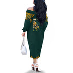 Personalized Kookaburras Field Hockey Kangaroo Family Matching Off The Shoulder Long Sleeve Dress and Hawaiian Shirt Indigenous Australian Dot Art Style In Green And Gold