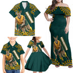 Personalized Kookaburras Field Hockey Kangaroo Family Matching Off Shoulder Maxi Dress and Hawaiian Shirt Indigenous Australian Dot Art Style In Green And Gold
