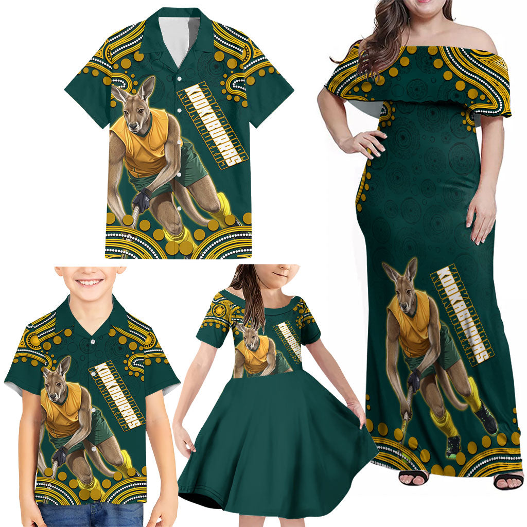 Personalized Kookaburras Field Hockey Kangaroo Family Matching Off Shoulder Maxi Dress and Hawaiian Shirt Indigenous Australian Dot Art Style In Green And Gold