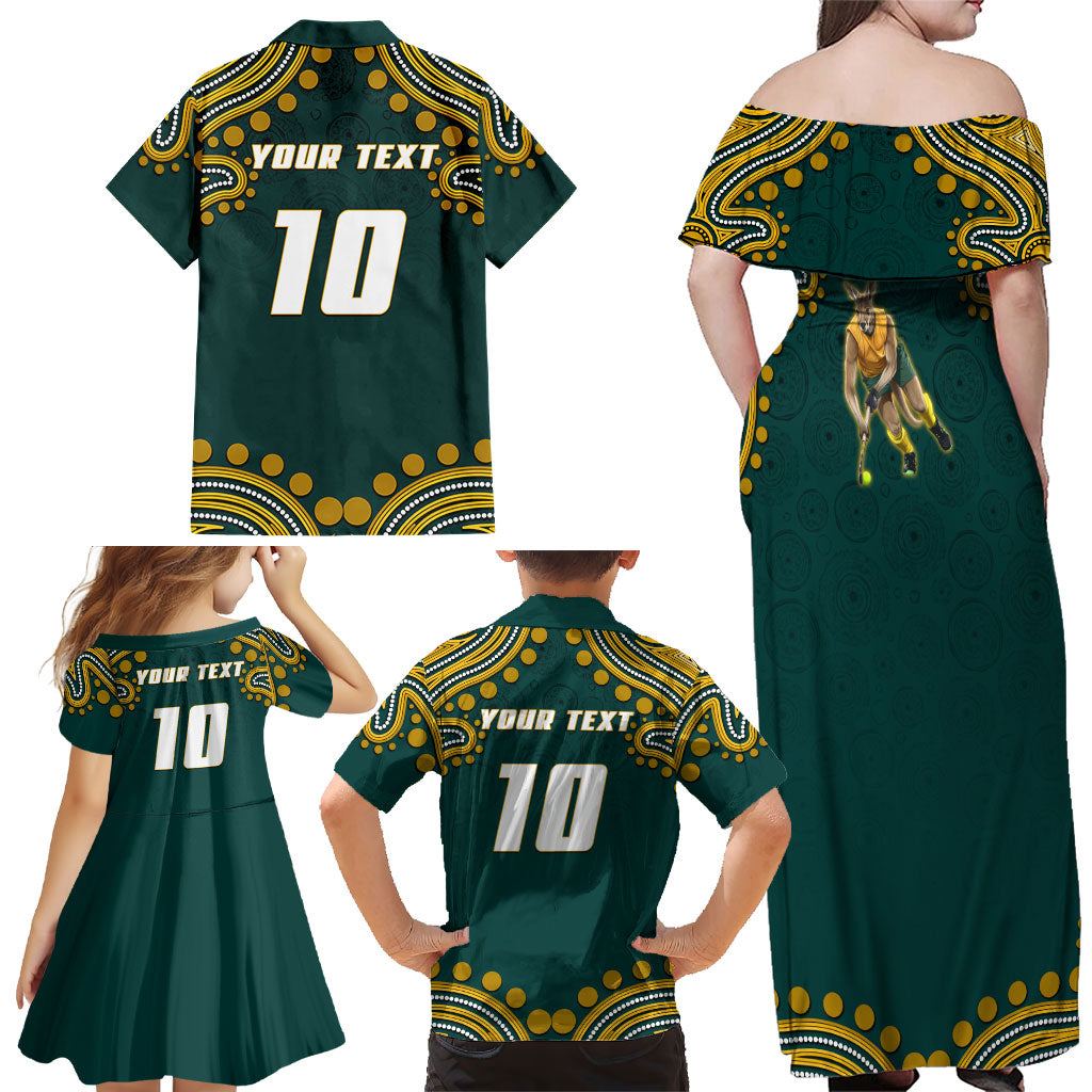 Personalized Kookaburras Field Hockey Kangaroo Family Matching Off Shoulder Maxi Dress and Hawaiian Shirt Indigenous Australian Dot Art Style In Green And Gold