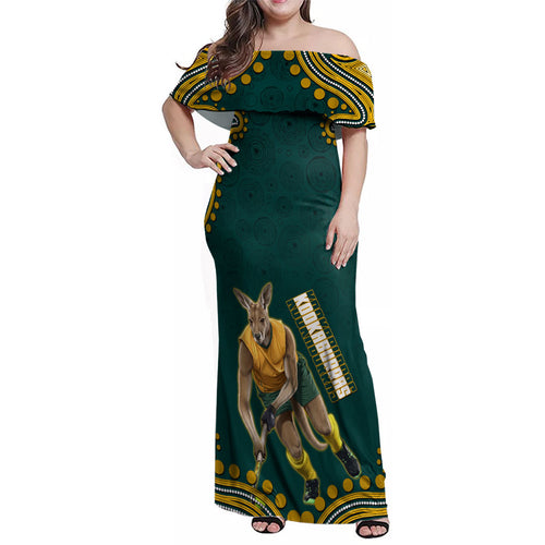 Personalized Kookaburras Field Hockey Kangaroo Family Matching Off Shoulder Maxi Dress and Hawaiian Shirt Indigenous Australian Dot Art Style In Green And Gold