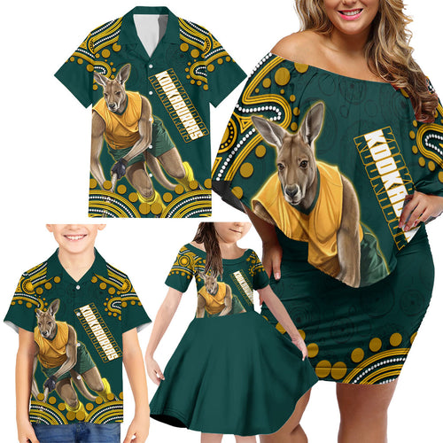 Personalized Kookaburras Field Hockey Kangaroo Family Matching Off Shoulder Short Dress and Hawaiian Shirt Indigenous Australian Dot Art Style In Green And Gold